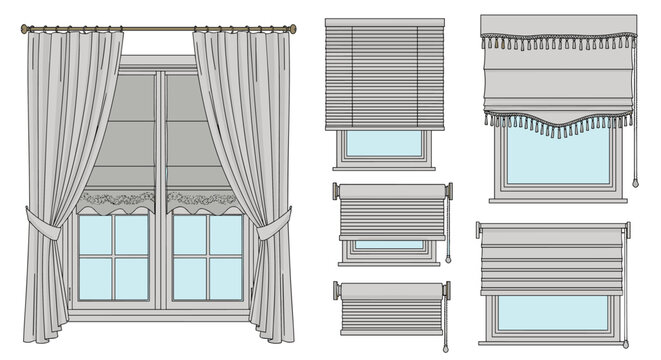 Variety of modern and traditional window treatment options including long white curtains, horizontal blinds, Roman shades, and roller blinds.