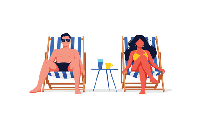 Man and woman sunbathe in blue and white striped deck chairs while enjoying drinks on a small table at a sunny tropical beach.