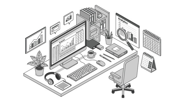 Modern isometric workspace setup with a desktop computer showing data analytics charts, office supplies, and professional furniture in grey tones.