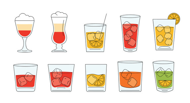 Collection of colorful cocktails and alcoholic beverages served in various glass shapes with ice cubes and fruit garnishes for bar or restaurant menu.