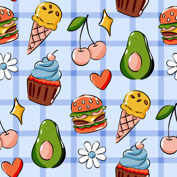 Hand drawn doodle food seamless pattern with burgers ice cream cupcakes avocados and cherries on blue gingham background for textile and wallpaper