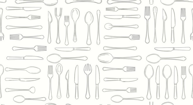 Seamless background pattern featuring various cutlery items like spoons, forks, and knives in a sketch style for restaurant or kitchen decor.