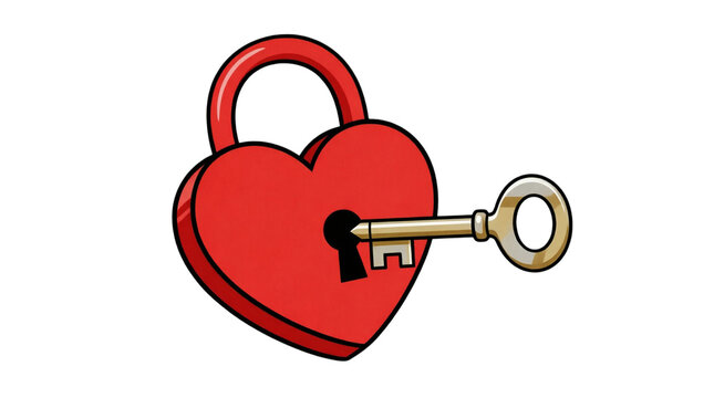 Key to the heart, red heart-shaped lock and key, icon style, sticker, graphic, no background, isolate