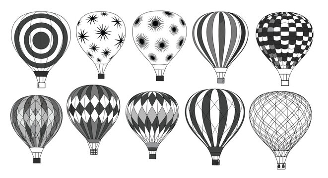 Various black and white hot air balloon designs featuring diverse patterns such as stripes, diamonds, stars, and checks.