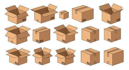 Fototapeta premium Collection of various corrugated cardboard boxes in different sizes and states including open, closed, and sealed with tape.