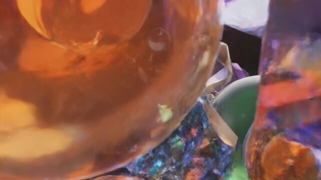 3D abstract render of various colorful floating glass spheres and faceted geometric polyhedrons with refractive light properties and iridescent reflections on a dark background.