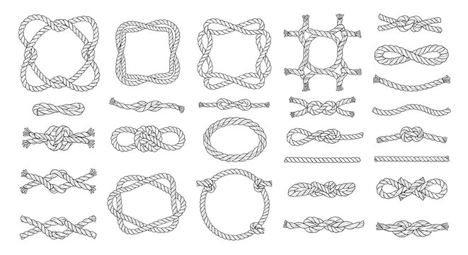 Extensive collection of nautical rope knots and frames features various twisted cord designs for marine or decorative themes.