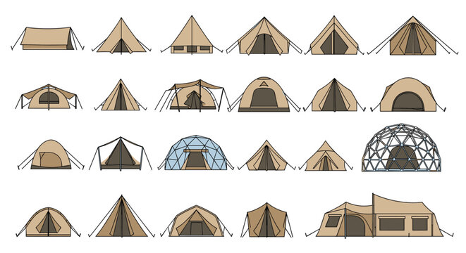Large set of different camping tent styles and structures shown in flat design icons isolated over a plain white background for hiking.