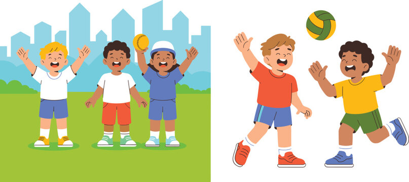 Happy Diverse Children Playing Sports Outdoors In City Park Vector Set Featuring Boys And Girls With Ball Activities