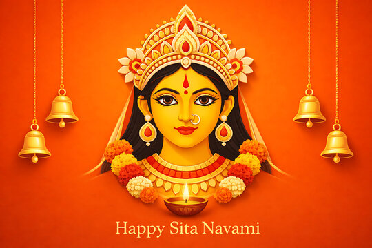 Vibrant orange graphical illustration of devi sita portrait with golden crown marigold garlands decorative hanging temple bells and lit diyas sita navami hindu festival puja