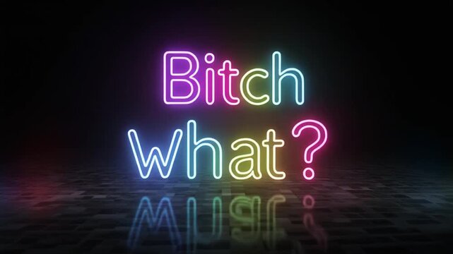 Neon glowing text 'Bitch what?' in vibrant rainbow colors on a dark reflective surface, creating a bold and striking visual statement.