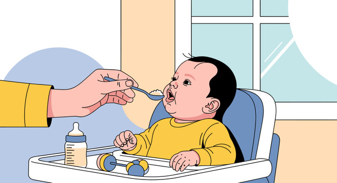 A parent feeding a baby with a spoon while the baby sits in a high chair with a bottle nearby.