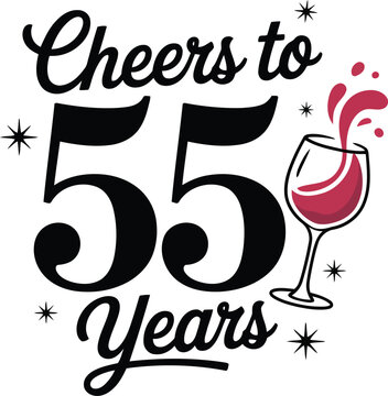 A festive black text design celebrates fifty five years with a vibrant splashing wine glass