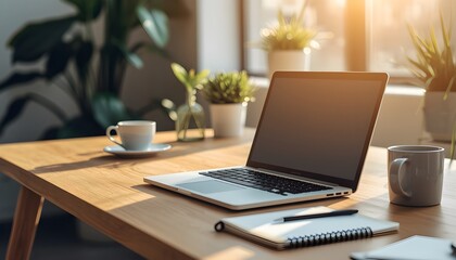 Fototapeta premium Modern Remote Work Setup at Home with Laptop and Coffee in Soft Sunlight