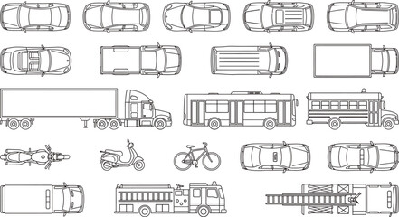 Top view vehicles floor plan vector set. Thin line transportation icons of cars, trucks, buses, motorcycles and bicycles for urban planning, traffic maps and CAD blueprint design © PrimePixel Co