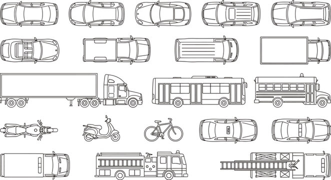Top view vehicles floor plan vector set. Thin line transportation icons of cars, trucks, buses, motorcycles and bicycles for urban planning, traffic maps and CAD blueprint design