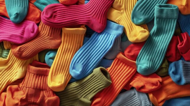Colorful Pile of Socks from Top View - Vibrant Textile Patterns and Textures in a Rainbow of Shades