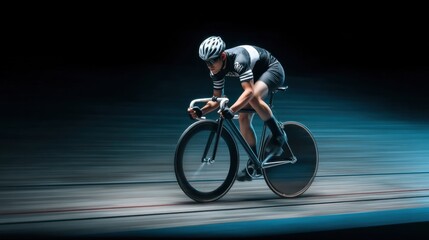 Fototapeta premium Cyclist in Motion on Indoor Track with Dynamic Lighting and Sporty Attire