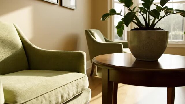 Modern sage green velvet armchair in a bright sunlit living room with natural light, hardwood floors, white bay windows, and a potted houseplant on a small wooden side table.