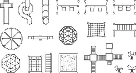 Top view playground equipment floor plan vector set. Thin line outdoor play icons of slides, swings, climbing frames and jungle gym for park design, CAD plans and site layouts © PrimePixel Co