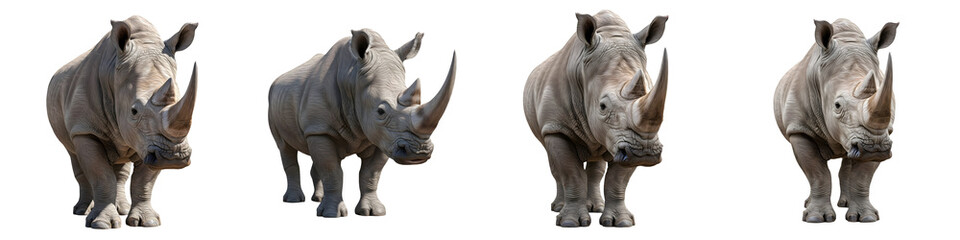 Majestic White Rhinoceros Set Isolated on White Background: Four High-Resolution Wildlife Portraits of African Rhino with Large Horns for Conservation and Nature Design. © Dynamic Shoots