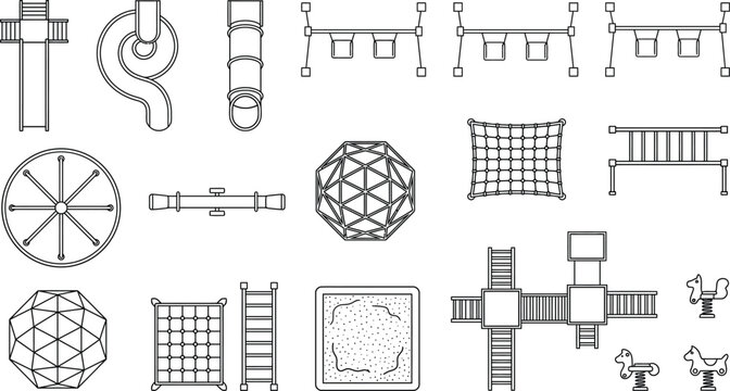 Top view playground equipment floor plan vector set. Thin line outdoor play icons of slides, swings, climbing frames and jungle gym for park design, CAD plans and site layouts