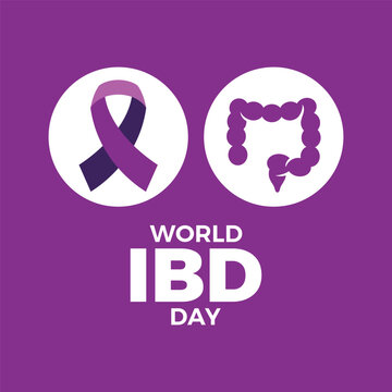 World IBD Day poster vector illustration. Crohn's disease and ulcerative colitis symbol. Purple awareness ribbon and large intestine icon set. Template for background, banner, card. May 19 every year
