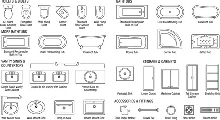 Top view bathroom fixtures schematic symbols vector set. Thin line restroom icons of toilet, sink, shower, bathtub and accessories for CAD plans, bathroom layout and interior design © PrimePixel Co
