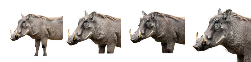 Fototapeta premium Common Warthog Head Portraits Isolated on White Background: Set of Four High-Resolution Close-Up Views of African Wild Pig with Tusks for Wildlife and Education Design.