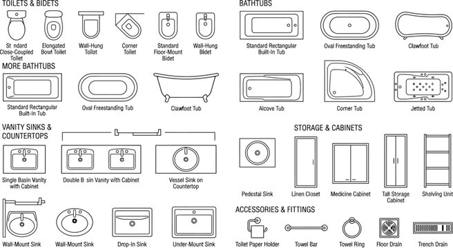 Top view bathroom fixtures schematic symbols vector set. Thin line restroom icons of toilet, sink, shower, bathtub and accessories for CAD plans, bathroom layout and interior design