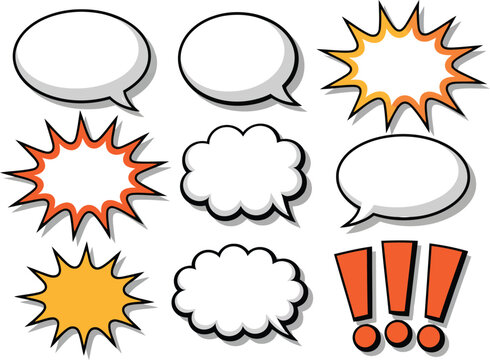 A lively collection of comic style speech bubbles and exclamation marks on a clean white field