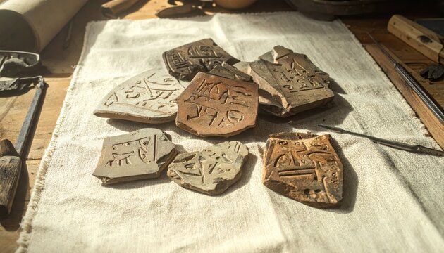 Ancient Egyptian Demotic Ostraca Pottery Shards Scattered on Cloth Displaying Inscriptions