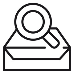 Black line vector icon of a magnifying glass over an open envelope, representing email search, message inspection, data analysis, and communication tracking for business and technology. © Amit Hasan
