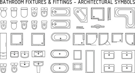 Bathroom fixtures and fittings architectural symbols vector set. Thin line schematic icons of toilet, sink, bathtub and shower for CAD floor plans, plumbing layouts and interior design © PrimePixel Co