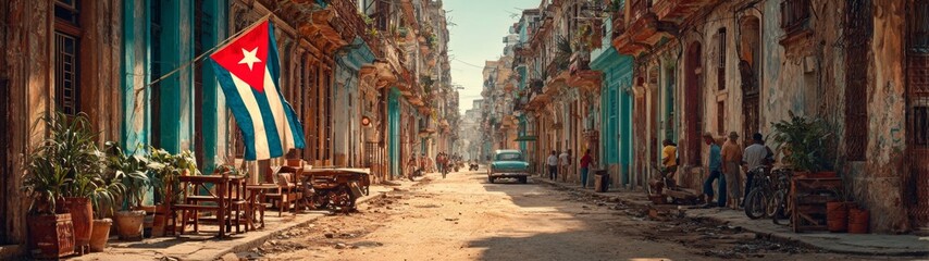 Fototapeta premium A glimpse into havana's historic charm and americana. Rule thirds. Subtle play of light and heritage: american flags in old havana. Studio shot. Strong contrast.