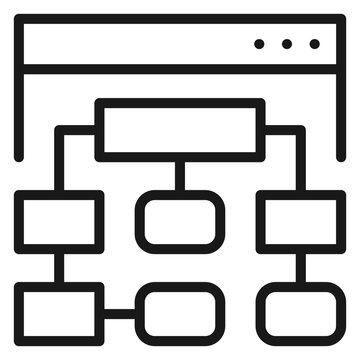 Black line vector icon of a website sitemap or organizational chart within a web browser window, representing site architecture, hierarchy, planning, and web development structure.