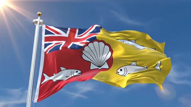 Flag of Prince Edward Island Waving in the Bright Blue Sky