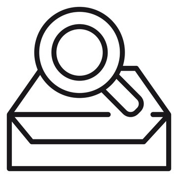 Black line vector icon of a magnifying glass over an open envelope, representing email search, message inspection, data analysis, and communication tracking for business and technology.