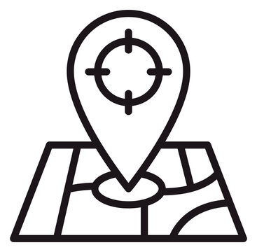 Minimalist black vector icon illustration of a map pin with a target crosshair symbol placed on a simplified street map, representing GPS navigation, location tracking, and precise destination.