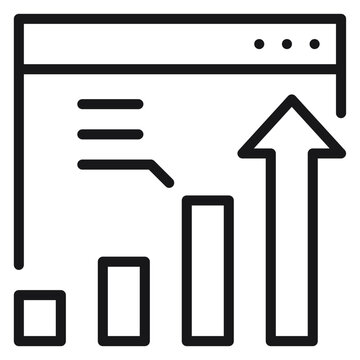 Black vector icon illustration of a web browser dashboard with a rising bar chart and upward arrow, symbolizing business growth, data analysis, SEO performance, and digital marketing success.