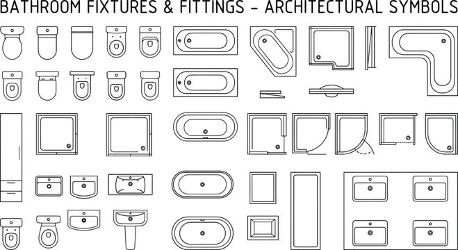 Bathroom fixtures and fittings architectural symbols vector set. Thin line schematic icons of toilet, sink, bathtub and shower for CAD floor plans, plumbing layouts and interior design