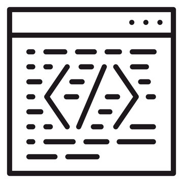 Web Browser Window with Coding Symbols Vector Icon Illustration. Minimalist Black Silhouette of a Software Development Interface with Angle Brackets and Source Code Lines for Tech Design.