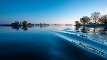 Obraz premium Quiet water surface mirroring a landscape with subtle ripple reflections, serene nature concept, reflective water photography, minimal composition, with copy space