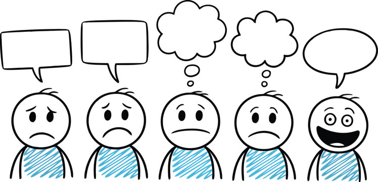 A row of five hand drawn stick figures showing emotions from sadness to joy with empty speech bubbles