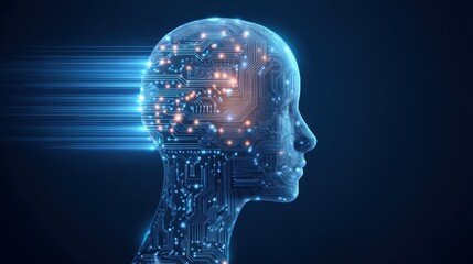 Obraz premium Abstract Digital Human Head with Circuit Pattern and Flowing Light Effects in a Futuristic Style