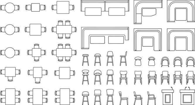 Top view seating layout and furniture floor plan vector set. Thin line tables, chairs, conference, classroom, auditorium and lounge seating icons for CAD plans and architectural design