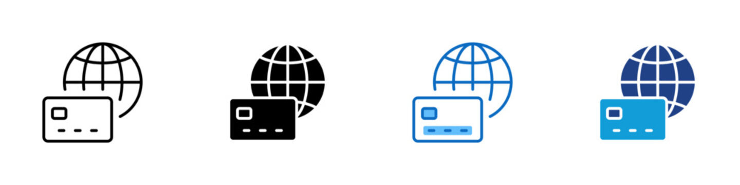 International Card Payment Multiple Style Icon Design Vector - Credit card with globe representing cross border transaction, global payment processing, and international commerce