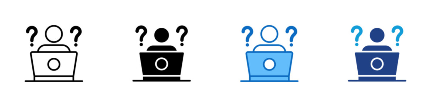 Laptop Confusion Multiple Style Icon Design Vector - User with laptop and question marks representing technical issue, troubleshooting, and user uncertainty