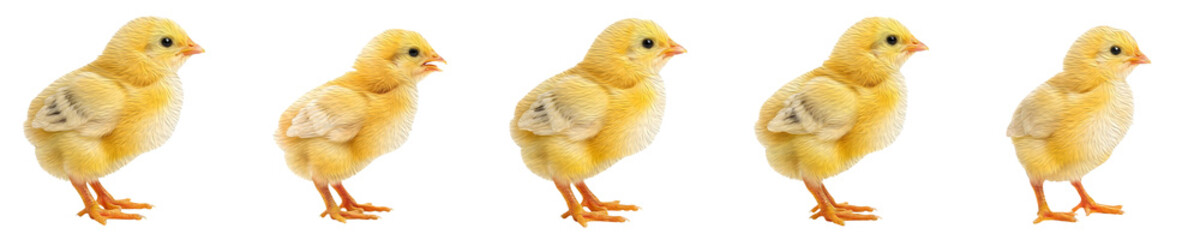 Collection of adorable yellow baby chicks in various side-view poses, featuring soft fluffy feathers and orange beaks, isolated on a white background for farm and Easter themes. © Dynamic Shoots