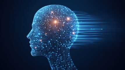 Obraz premium Abstract Digital Concept of a Human Head with Circuitry and Speed Lines Depicting Technology and Innovation